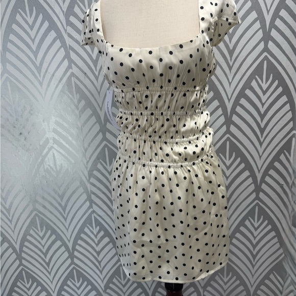 NWOT Princess Polly Evangelie Ruched Black and White Polka Dot Mini Dress - Picture 3 of 8
